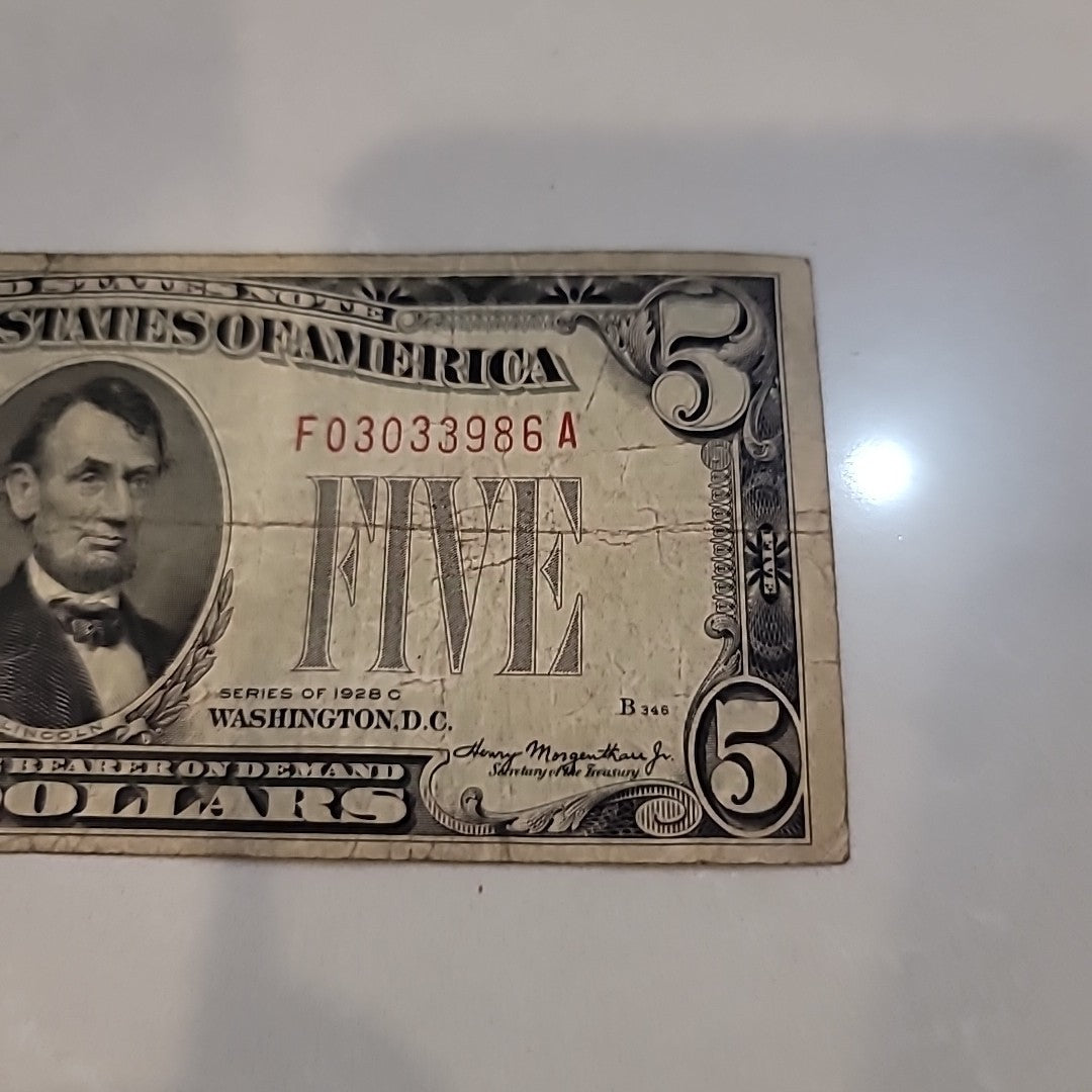Series 1928F $5 Dollar Bill Legal Tender Red Seal Note.Very Rare!!