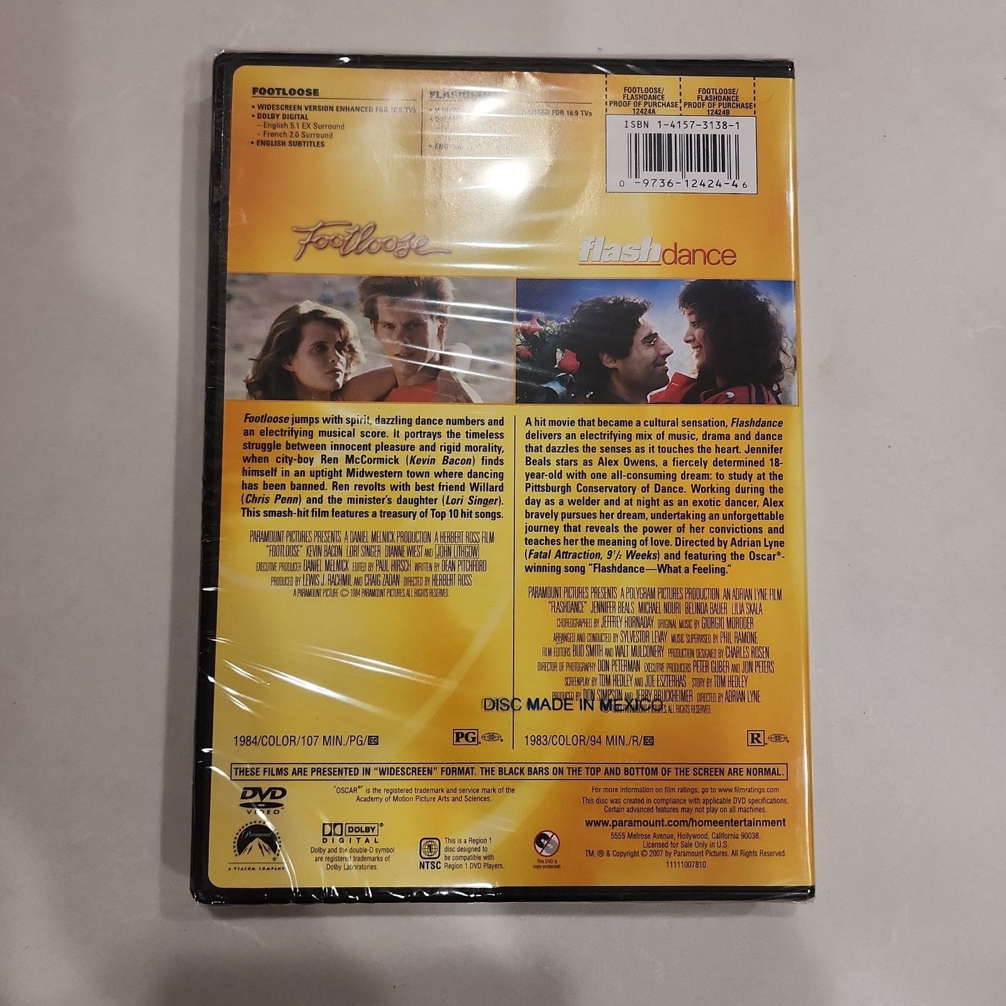 Footloose + Flash Dance (DVD w/ Case) Double Feature. 2 Movies! Slipcover. New!