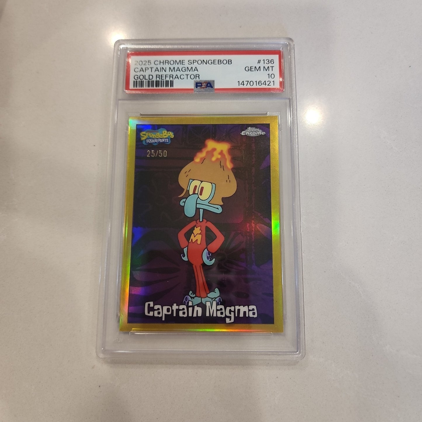 2025 TOPPS CHROME SPONGEBOB 25TH ANNIVERSARY GOLD CAPTAIN MAGMA 25/50 PSA 10
