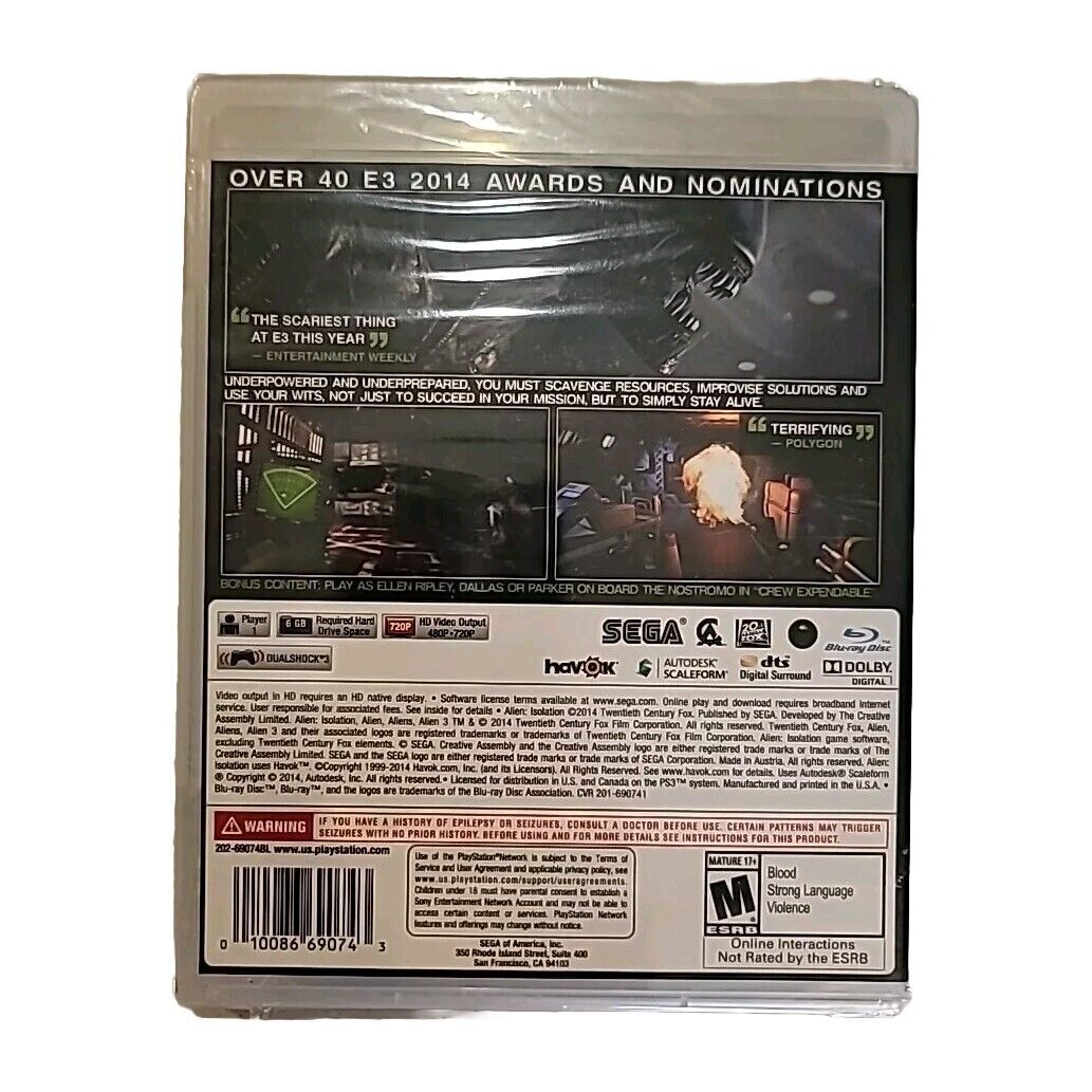 Alien: Isolation (Sony PlayStation 3, 2014) SEALED Rated M Mature NOSTROMO ED.