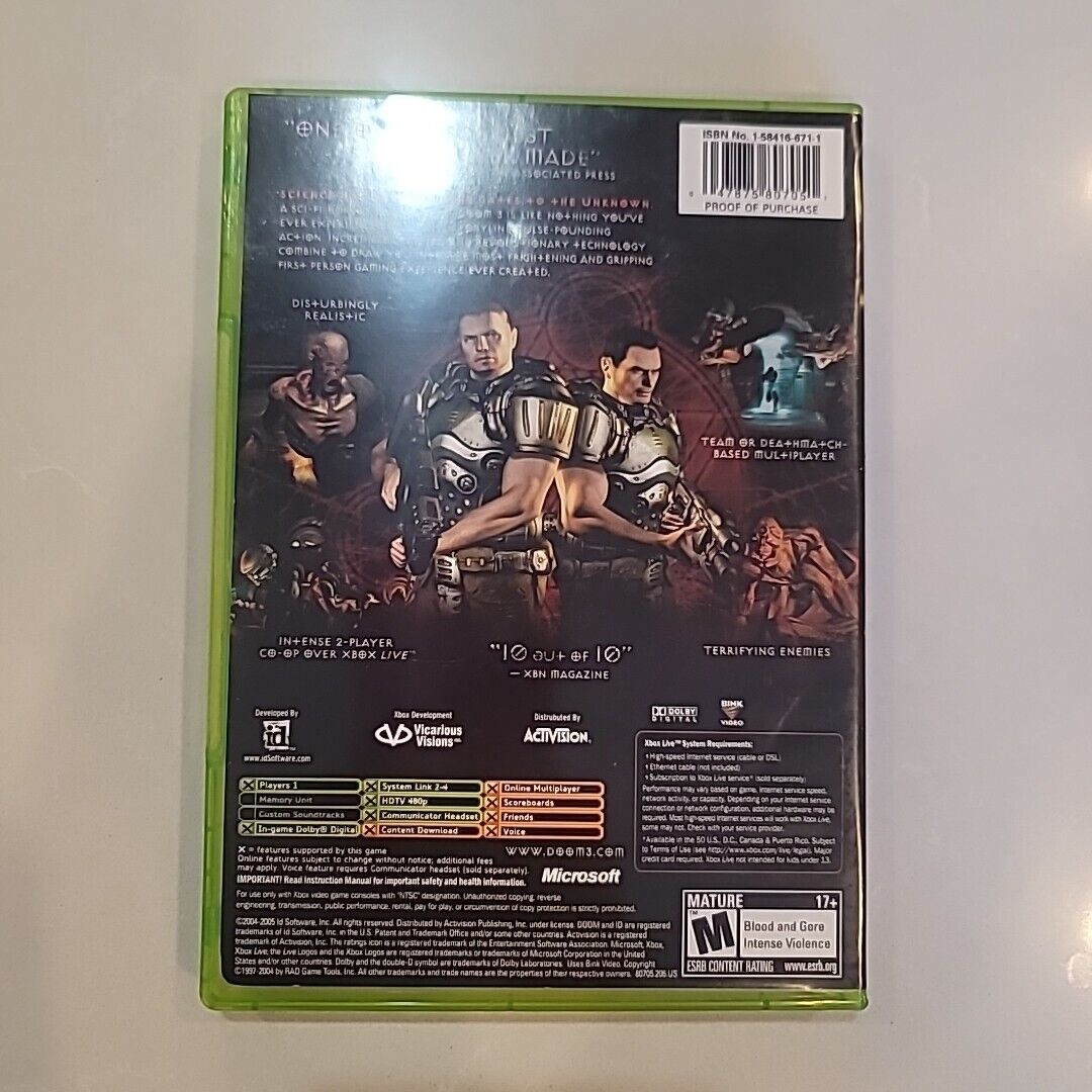 Doom 3 (Microsoft Xbox, 2005) Complete W/ Manual