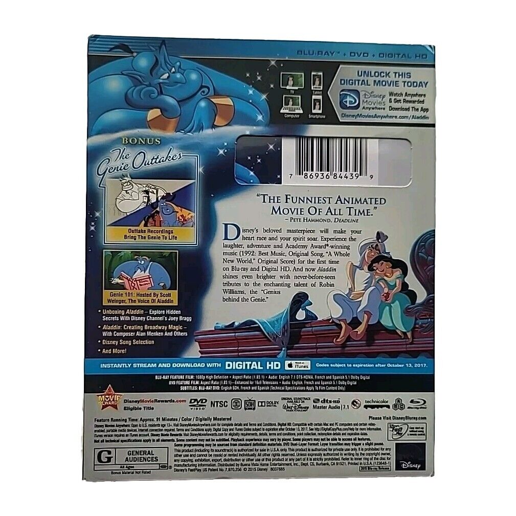 Aladdin (Blu-ray/DVD, 2-Disc Set, Diamond Edition) No Longer in Circulation Rare