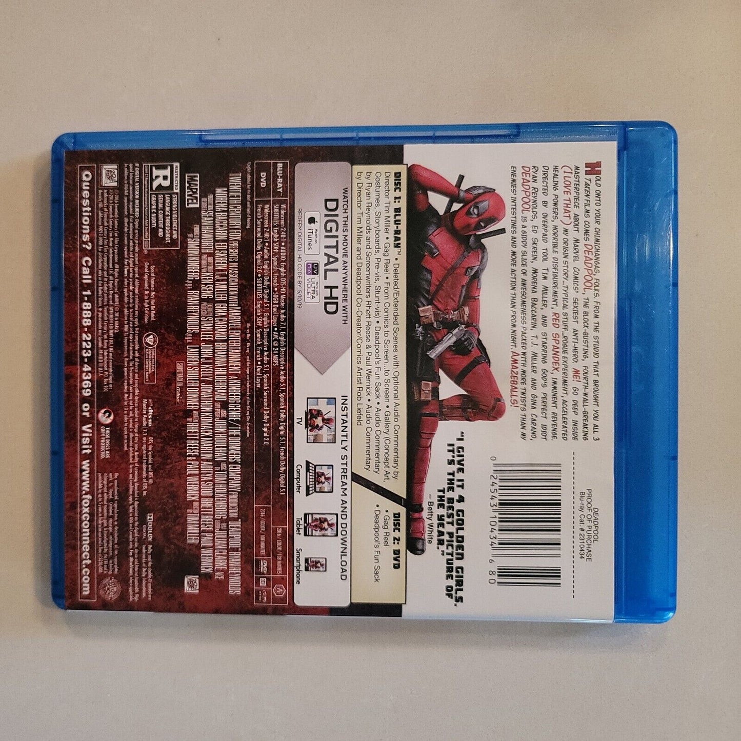 Deadpool Ryan Reynolds (Blu-ray + DVD + Digital, 2016) SB5