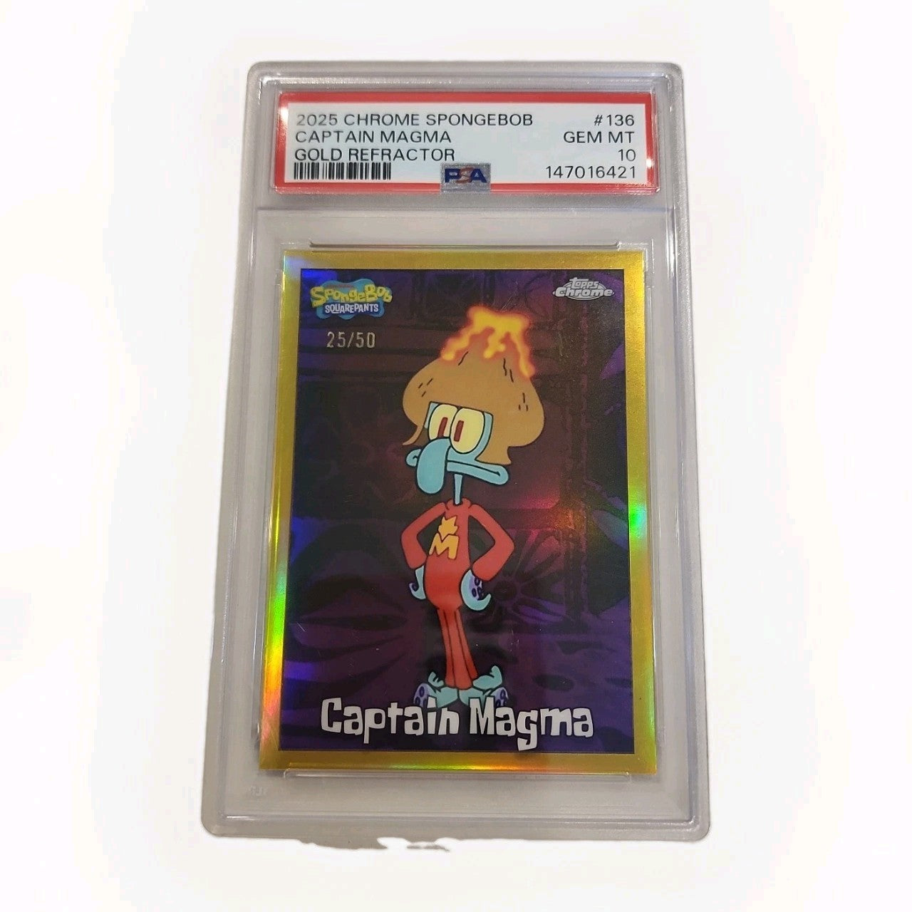 2025 TOPPS CHROME SPONGEBOB 25TH ANNIVERSARY GOLD CAPTAIN MAGMA 25/50 PSA 10