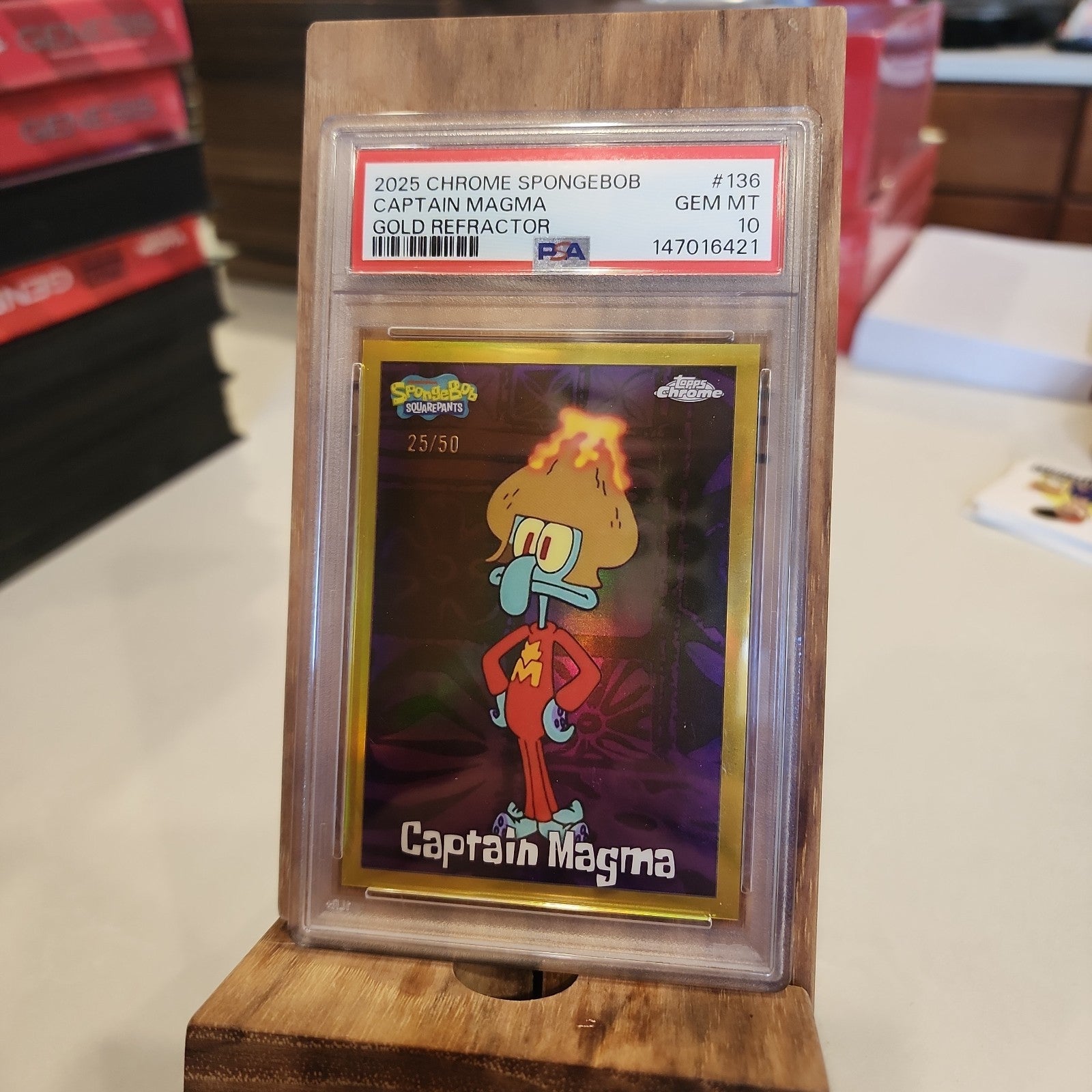 2025 TOPPS CHROME SPONGEBOB 25TH ANNIVERSARY GOLD CAPTAIN MAGMA 25/50 PSA 10