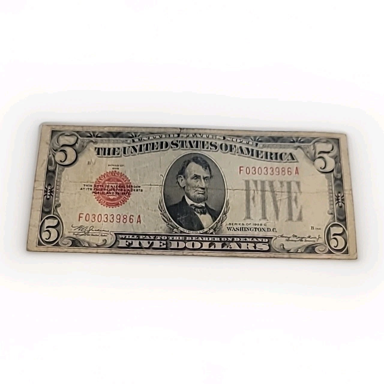 Series 1928F $5 Dollar Bill Legal Tender Red Seal Note.Very Rare!!