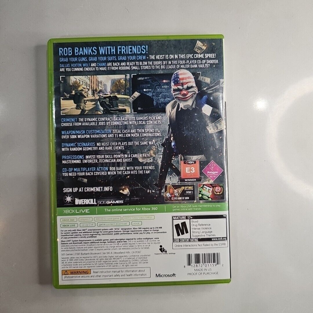 Payday 2 (Microsoft Xbox 360, 2013) CIB. Pre Owned