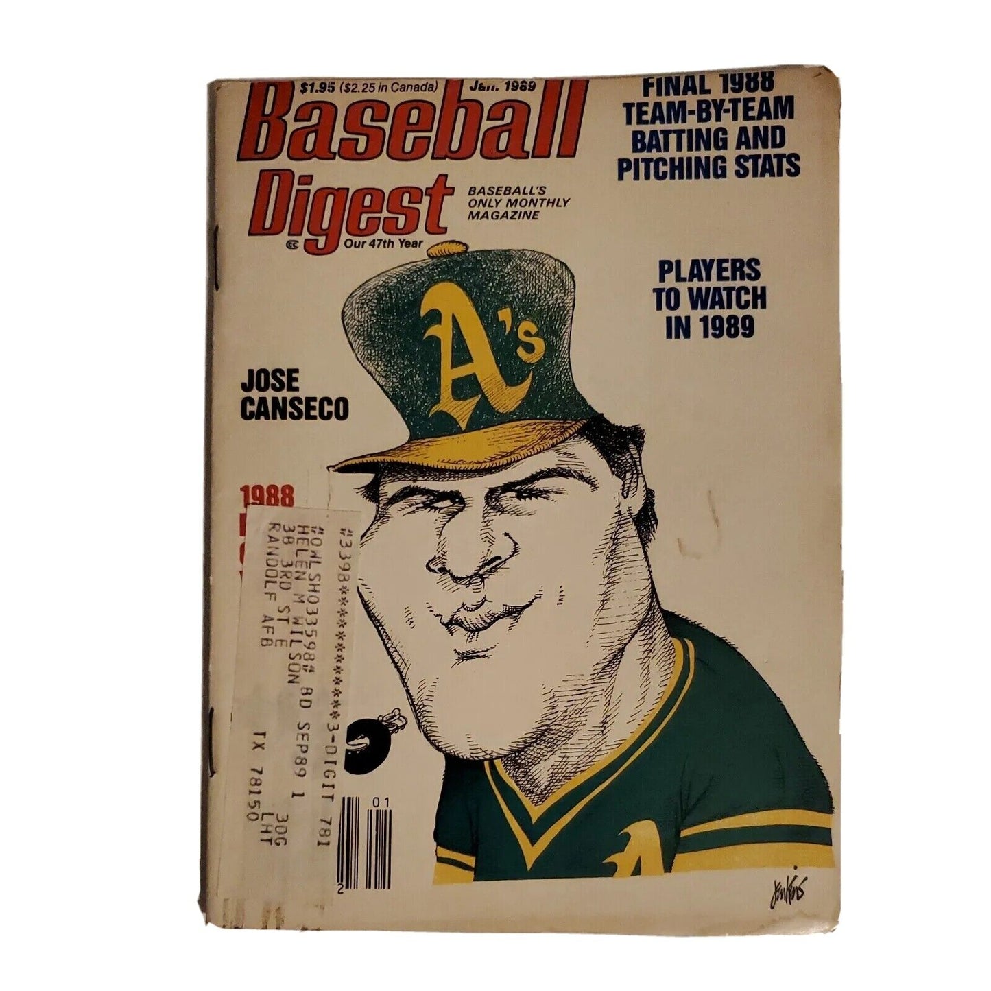 Baseball Digest January 1989 Jose Canseco Oakland A’s Athletics MLB