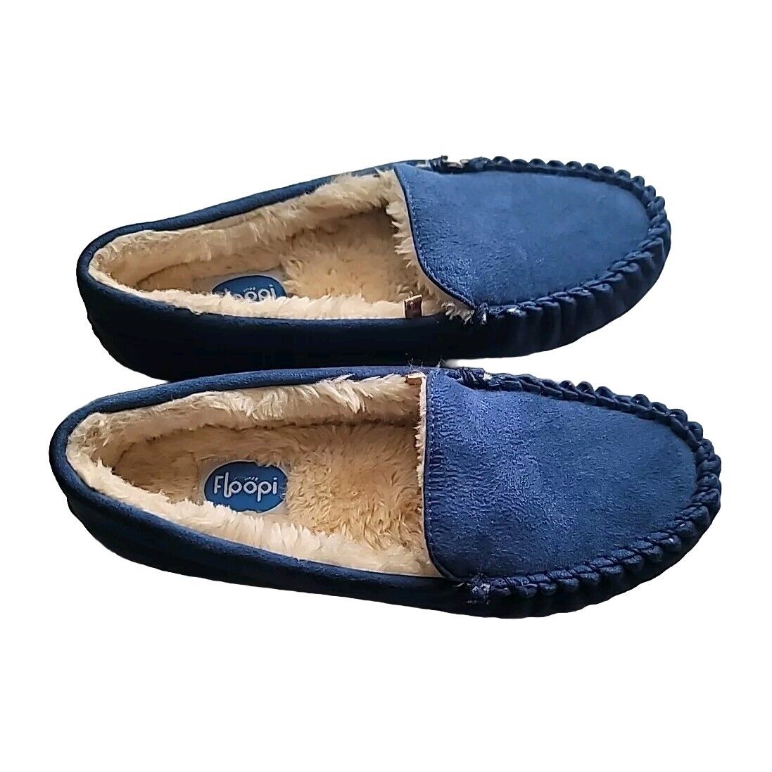 FLOOPI -Blue Suede, Womens Fur Lined, Moccasin Slipper Shoes, Size 8