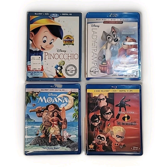 Lot of 4 Disney Movies on Blu Ray: Pinocchio, Moana, Lady & Tramp, Incredibles 