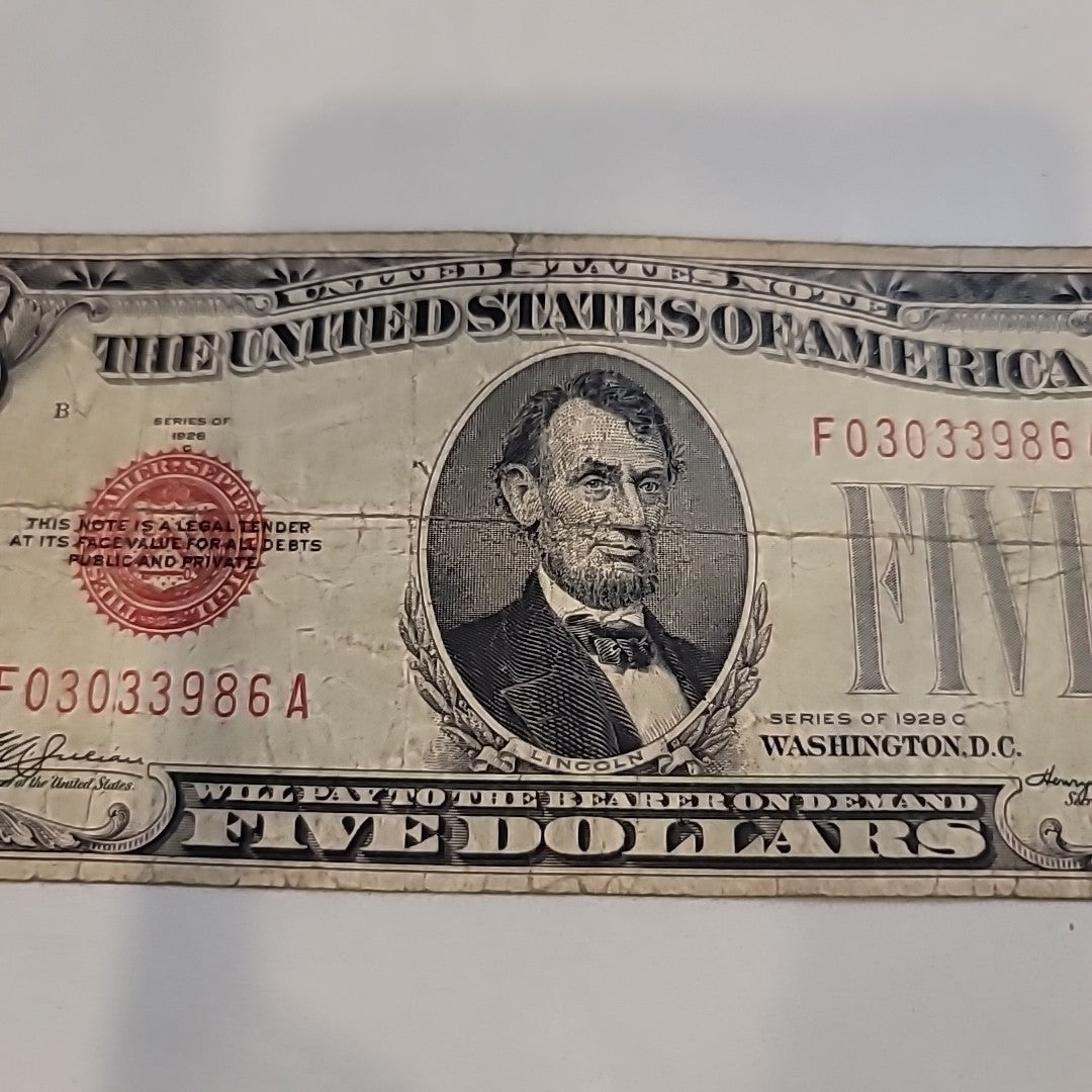 Series 1928F $5 Dollar Bill Legal Tender Red Seal Note.Very Rare!!
