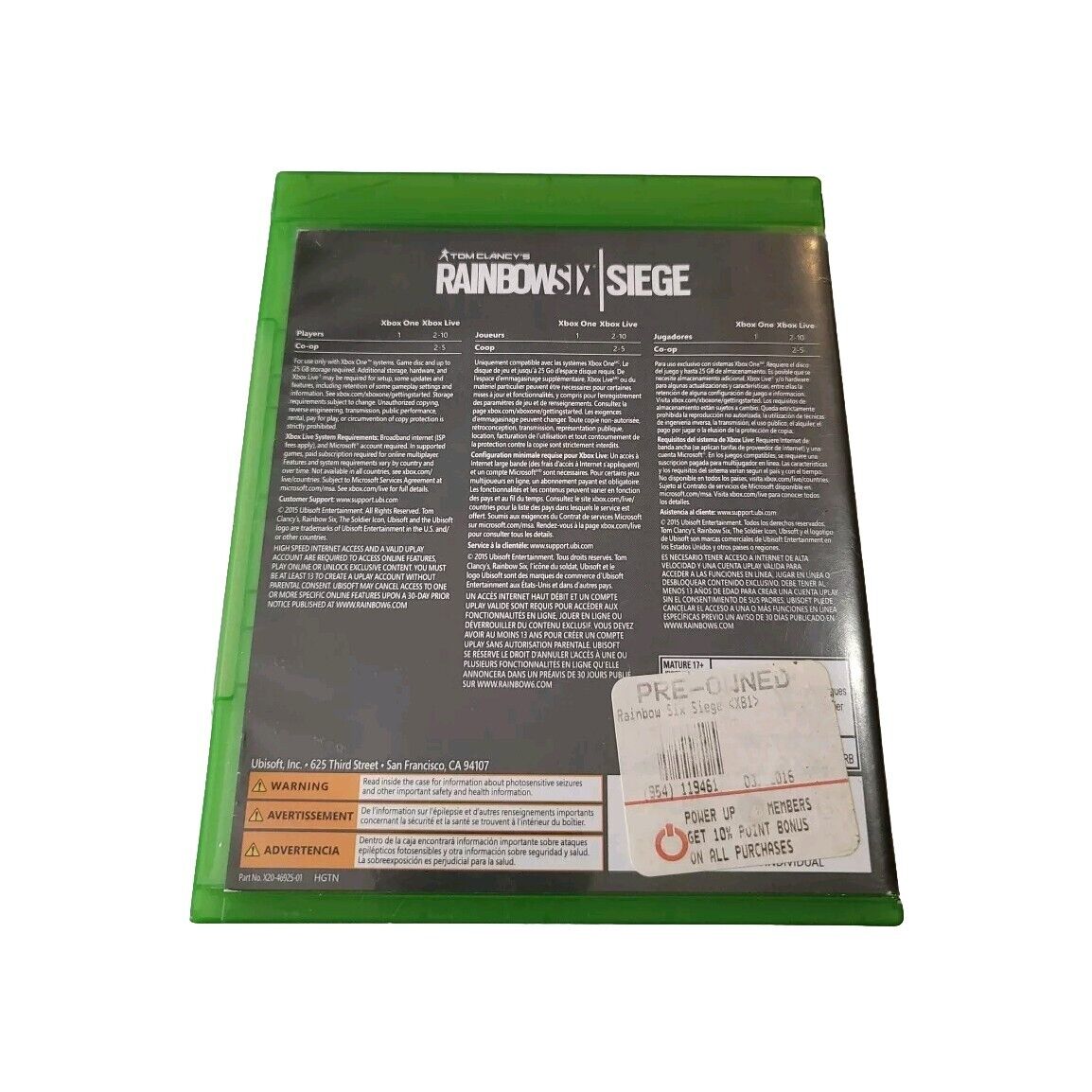 Tom Clancy's Rainbow Six Siege - Microsoft Xbox One Disc And Case