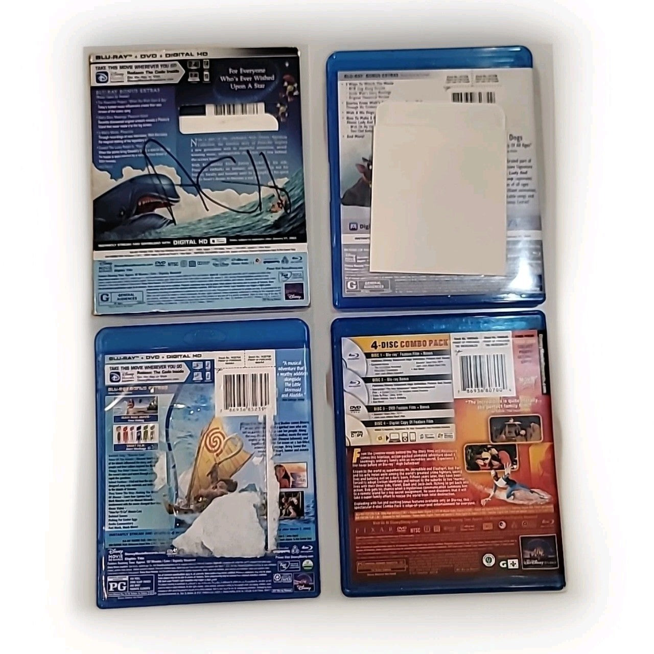 Lot of 4 Disney Movies on Blu Ray: Pinocchio, Moana, Lady & Tramp, Incredibles 