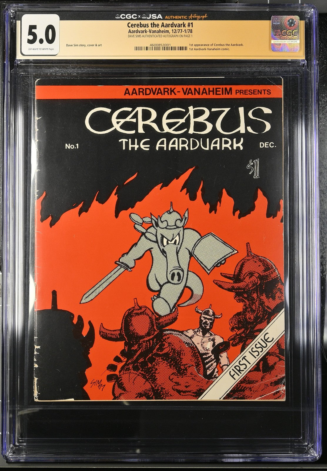 CEREBUS THE AARDVARK #1 - CGC 5.0  SIGNED AND VERIFIED BY SIM OW/W 1ST CEREBUS