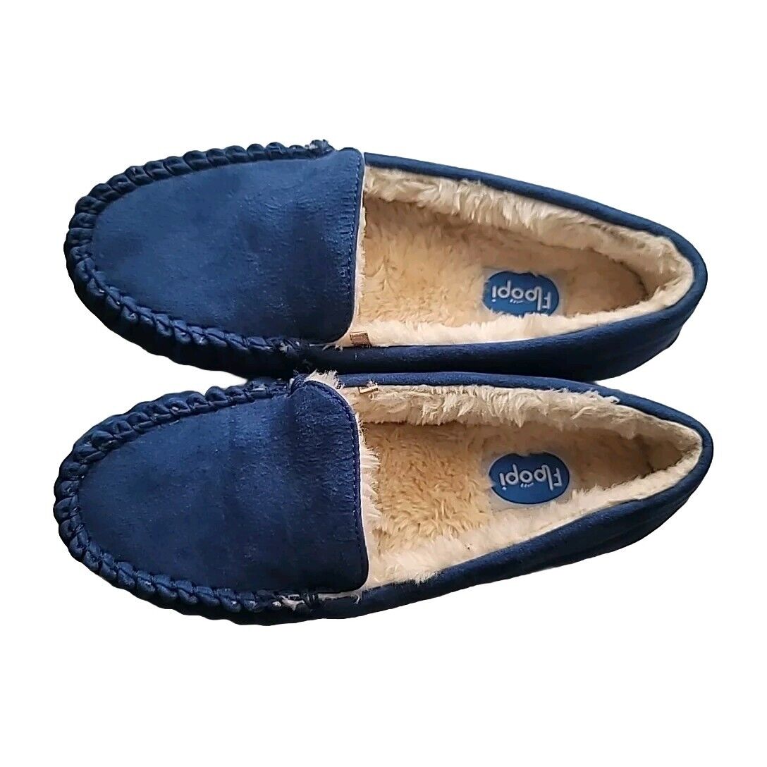 FLOOPI -Blue Suede, Womens Fur Lined, Moccasin Slipper Shoes, Size 8