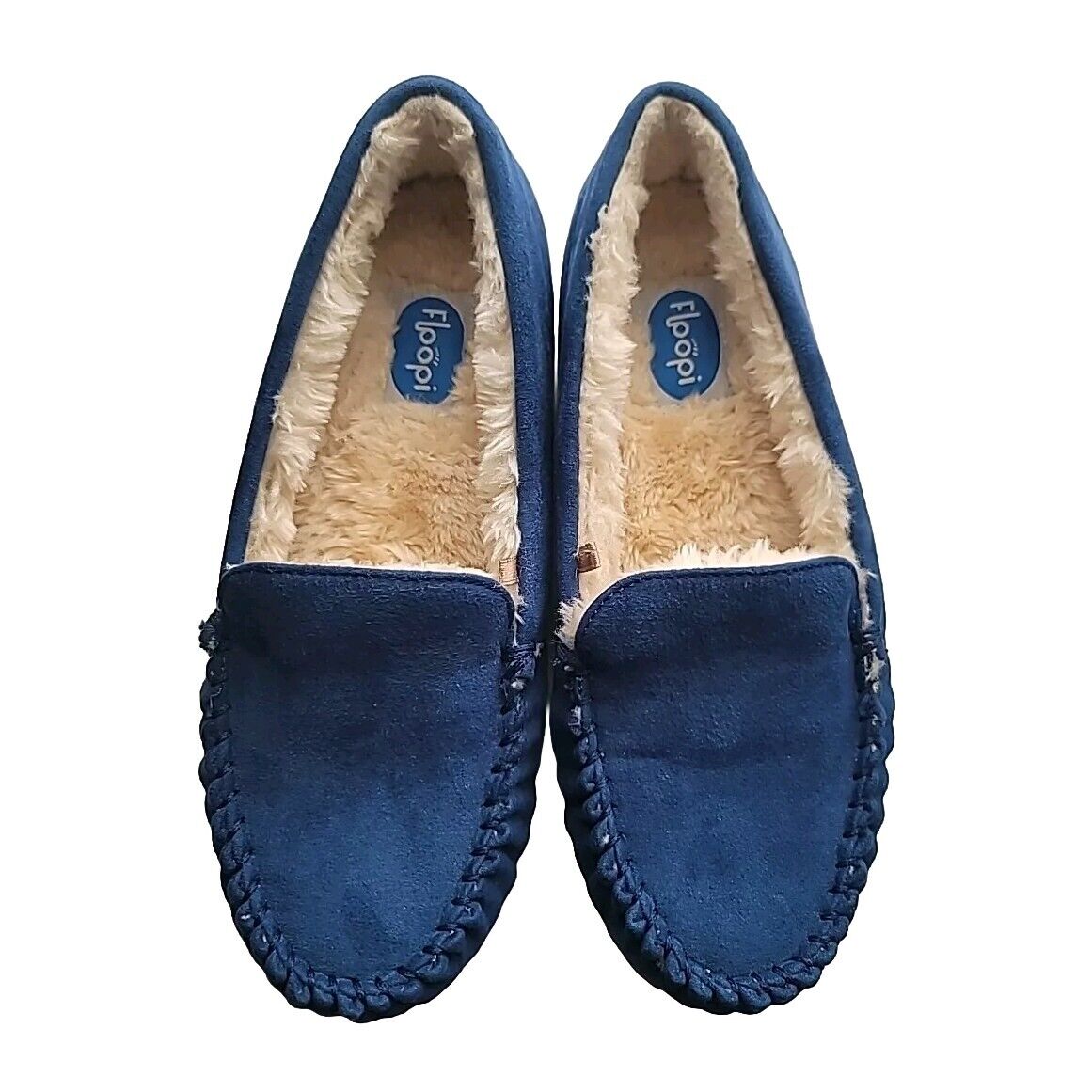 FLOOPI -Blue Suede, Womens Fur Lined, Moccasin Slipper Shoes, Size 8