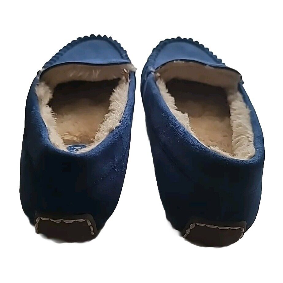 FLOOPI -Blue Suede, Womens Fur Lined, Moccasin Slipper Shoes, Size 8