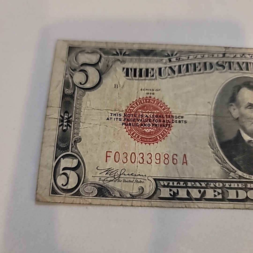 Series 1928F $5 Dollar Bill Legal Tender Red Seal Note.Very Rare!!