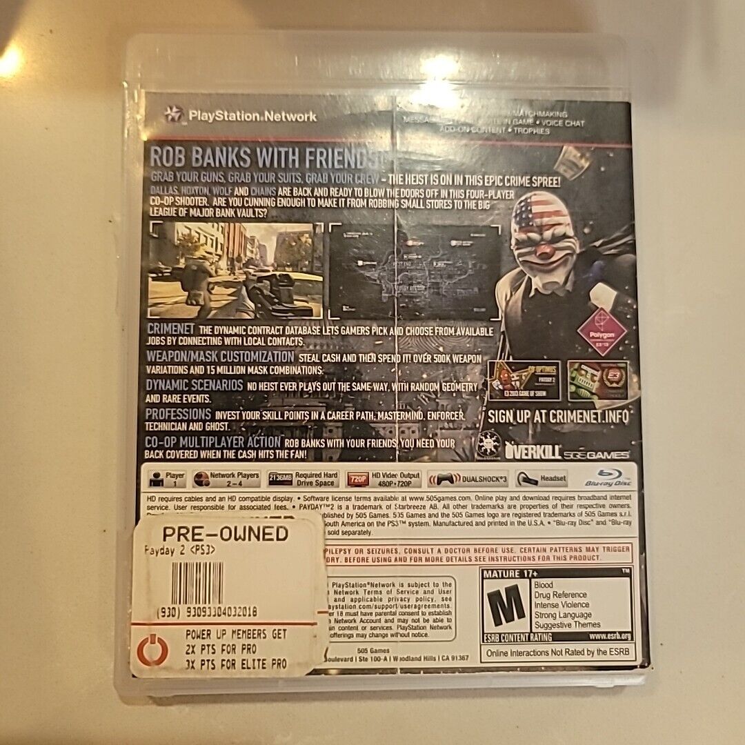 Payday 2 (Sony PlayStation 3, 2013 Ps3) USED