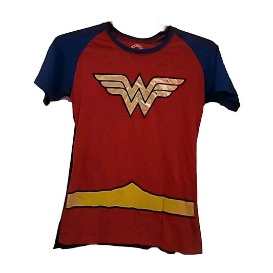 DC Comics WONDER WOMAN Costume Red & Blue T-Shirt w/ Cape junior LARGE Halloween