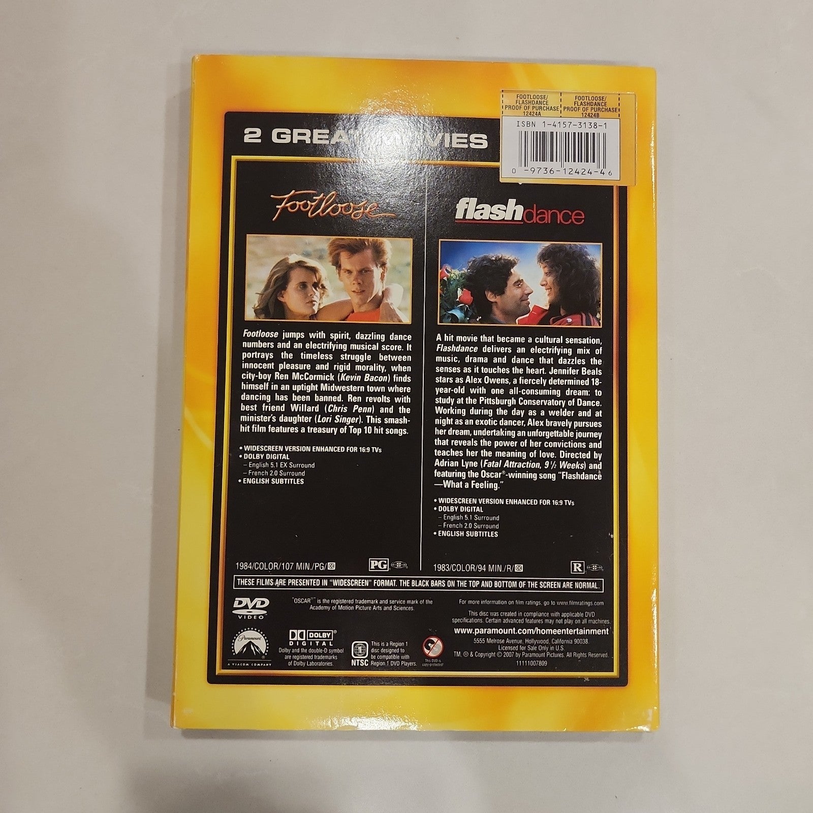 Footloose + Flash Dance (DVD w/ Case) Double Feature. 2 Movies! Slipcover. New!