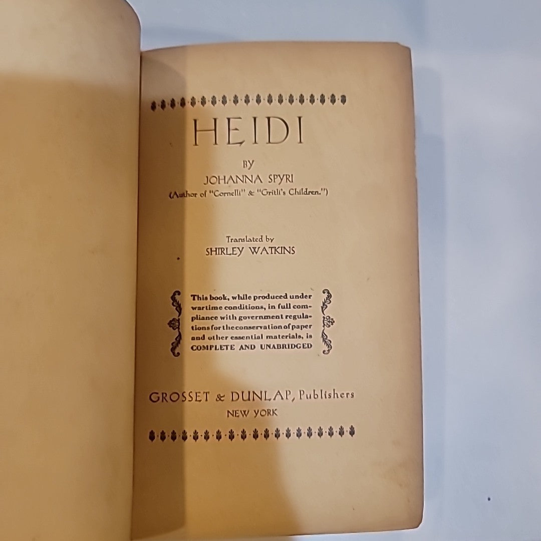 Heidi by Johanna Spyri 1925 Edition HC Book