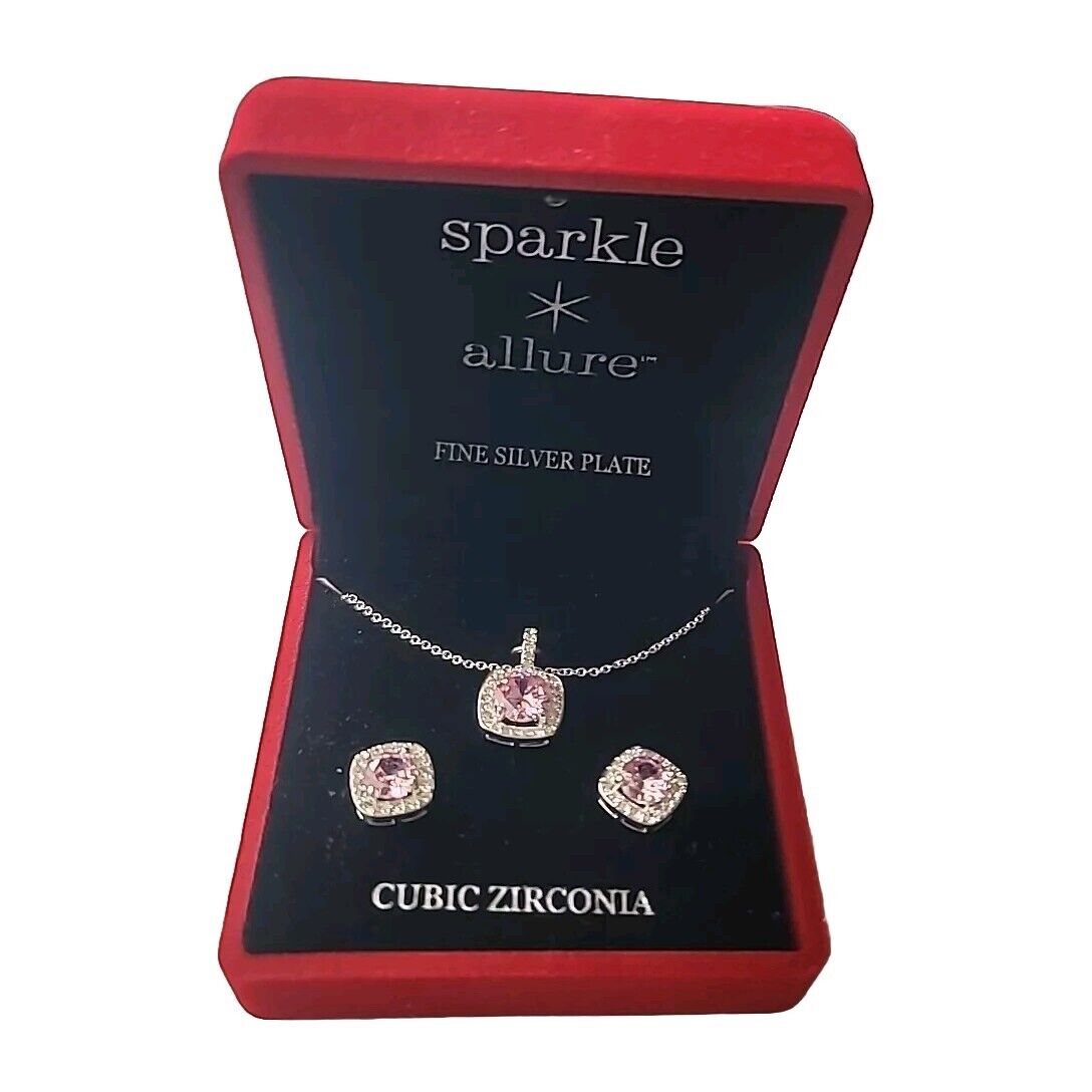 SPARKLE ALLURE Pink Cubic Zirconia Silver Plated Adjustable Necklace Earring Set