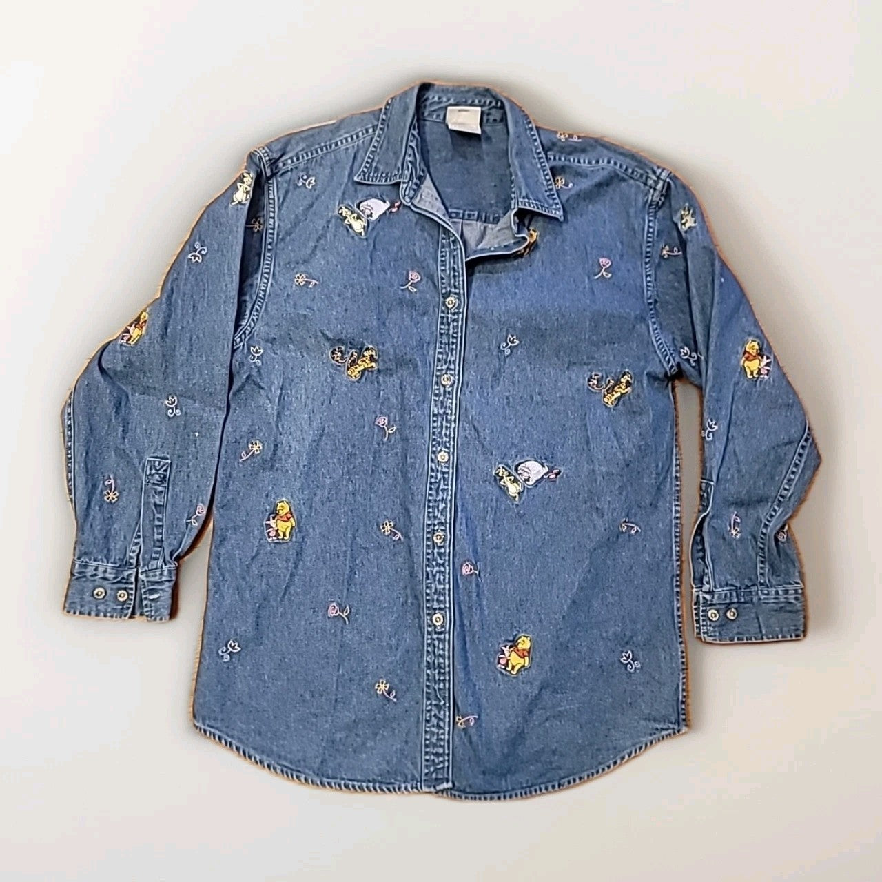 Vintage Disney Shirt Women's M Blue Y2K Denim Winnie The Pooh Embroidered 