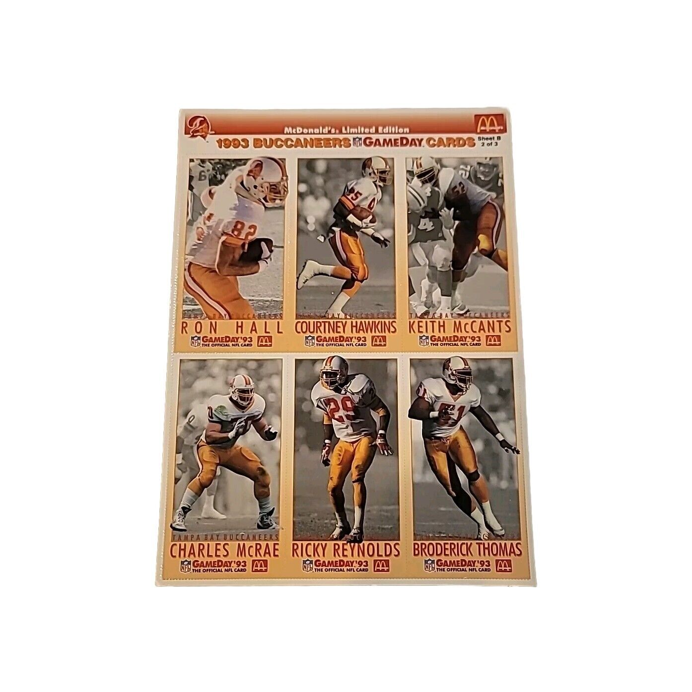 1993 Fleer NFL Buccaneers GameDay Collector Cards McDonald's - Sheet B