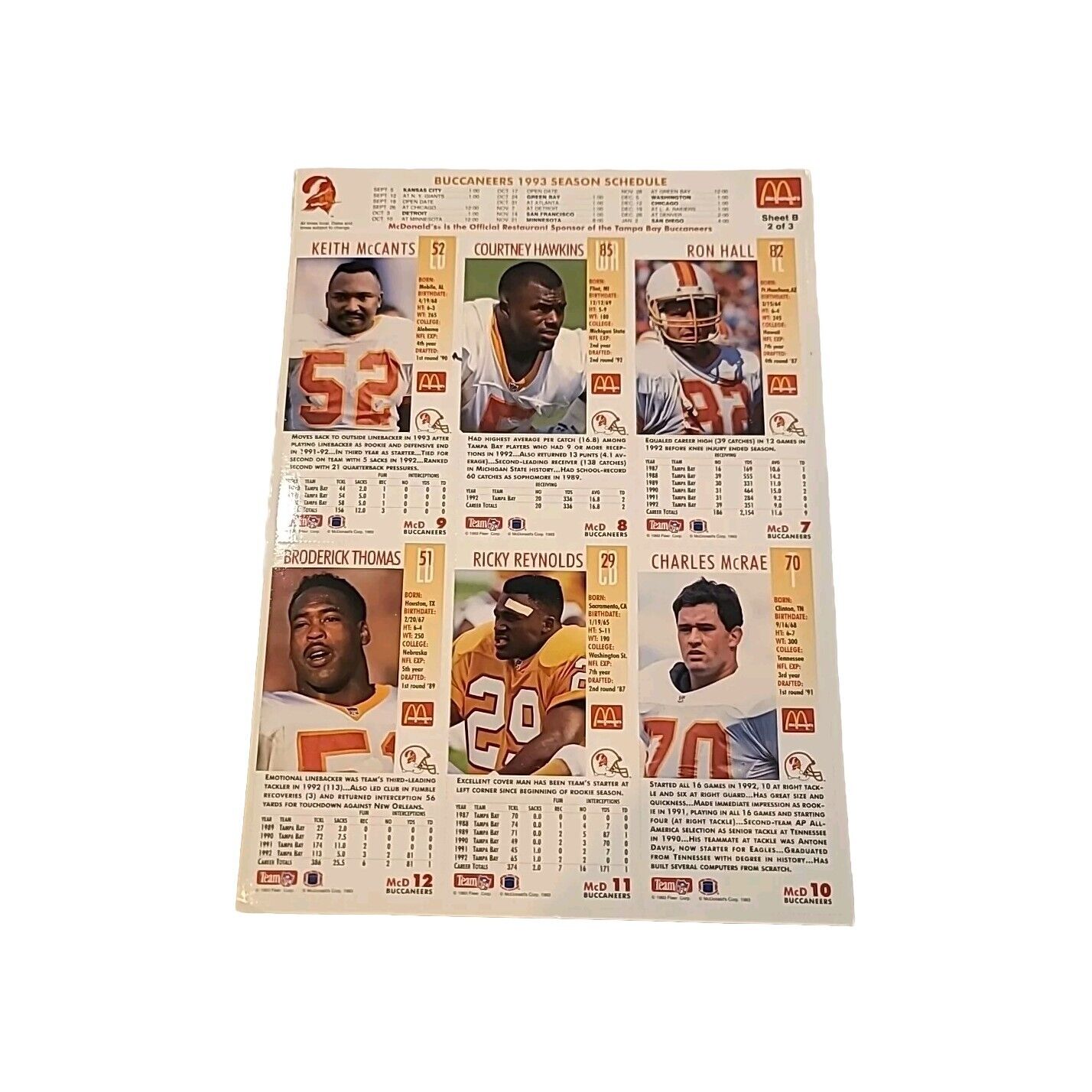 1993 Fleer NFL Buccaneers GameDay Collector Cards McDonald's - Sheet B