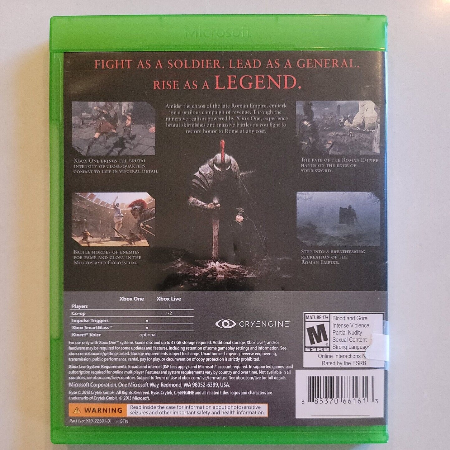 Ryse: Son of Rome (Microsoft Xbox One, 2013) No Manual BB3